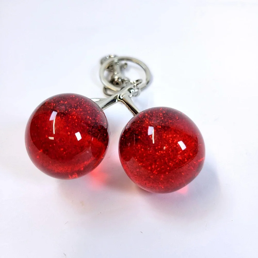 Bag Charm- Keychain Glitter Resin Double Cherry Red Women Rockabilly Kawaii Fun